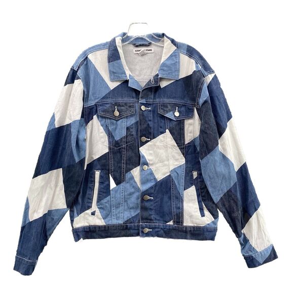 Rework Cowboy Stars Jean Jacket Women Medium Blue Denim Trucker 90s Colorblock - Picture 2 of 10